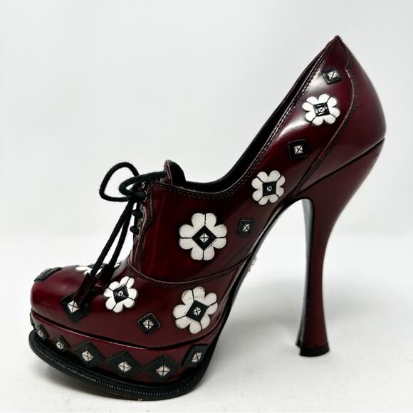 Prada Spazzolato Floral Studded Platform Lace Up Heels Womens Size EU 37.5 - Picture 7 of 13